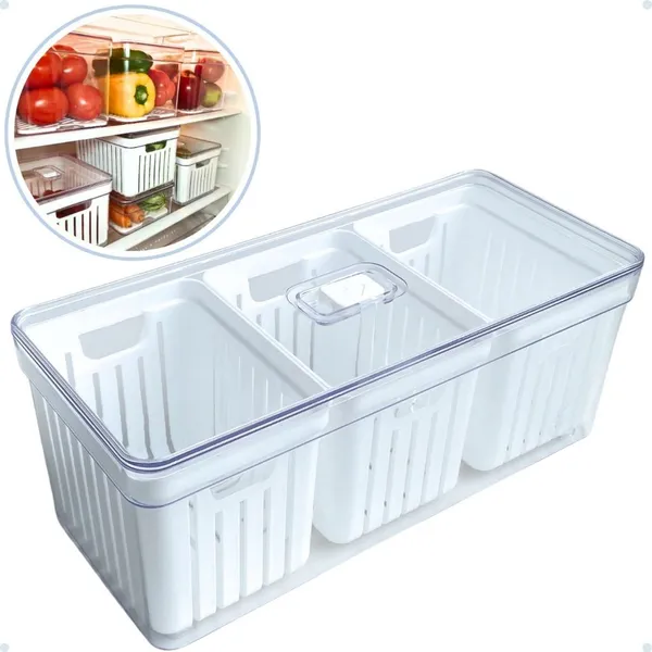 Organizador de Geladeira Grande com 3 Cestos de Drenagem e Tampa com Controle de Ventilação - 6,8 LITROS.