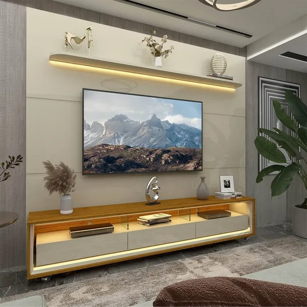 Rack com Painel para TV até 90 Polegadas com LED 100% MDF 219CMX240CM 3 Gavetas com Rodízios Royal Requinte Yescasa