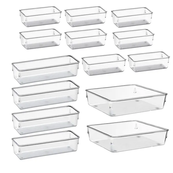 Kit 14 Organizador Multiuso Modular Gavetas Geladeira Armario Acrilico Cristal e Fume