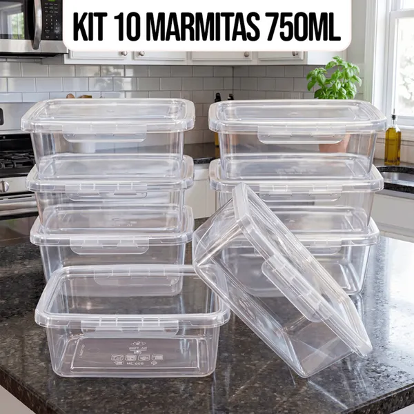 Kit 10 Marmitas Potes 750ml Travas Laterais hermeticas Livres de BPA Alimentos organiza congelador - KAZIVA