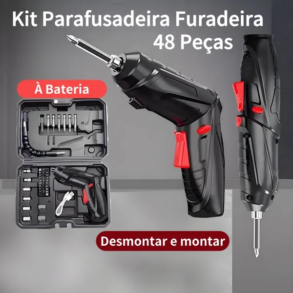 KIT PARAFUSADEIRA ELÉTRICA/FURADEIRA 48 PEÇAS À BATERIA SEM FIO CARREGADOR USB PORTÁTIL LEVE