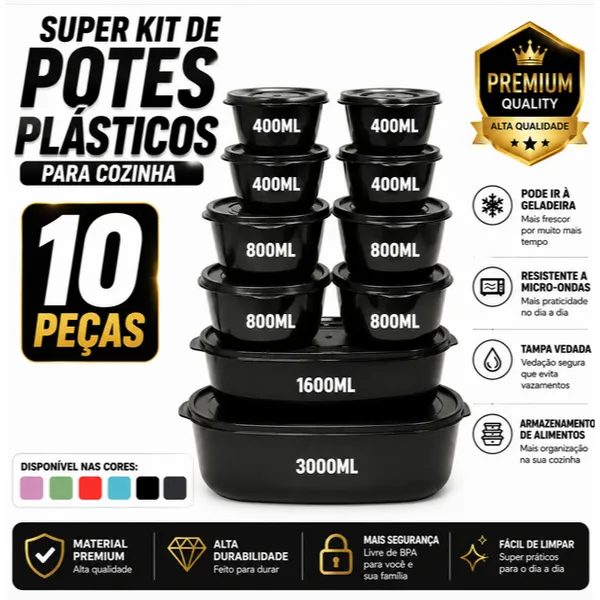 Kit 10 Potes Herméticos Ovais Plásticos BPA Free – Organização de Alimentos – Cozinha Completa - Mantimentos
