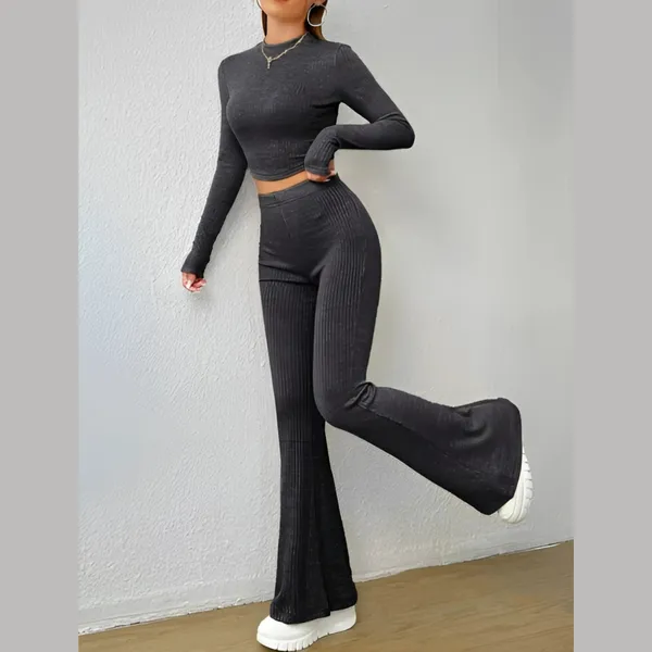 Conjunto Feminino Inverno Calça Flare E Cropped Manga Longa Elegância E Conforto