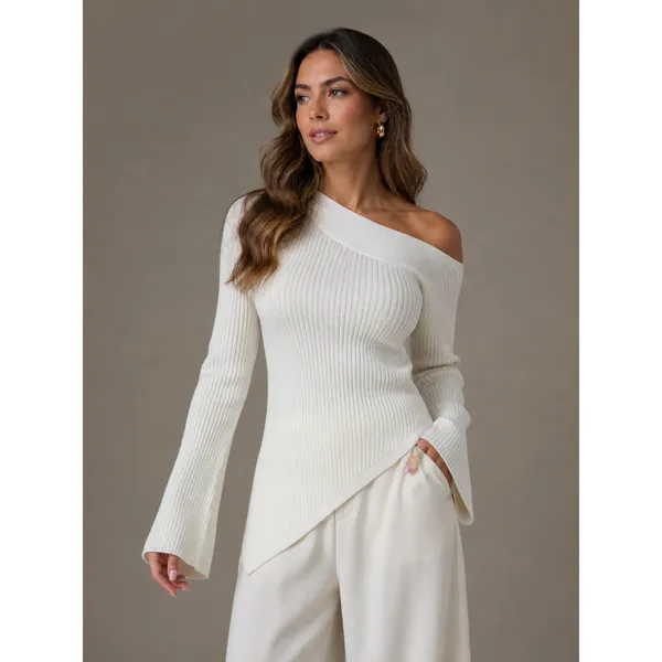 Blusa Canelada Assimétrica Um Ombro Só Feminina Manga Longa Tricot Modal