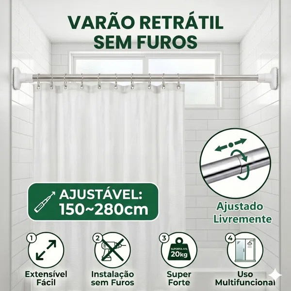 Varão de Cortina Ajustável - No Drilling Required Curtain Rod I Adjustable Shower Curtain Rod Suporta até 20kg, Versátil