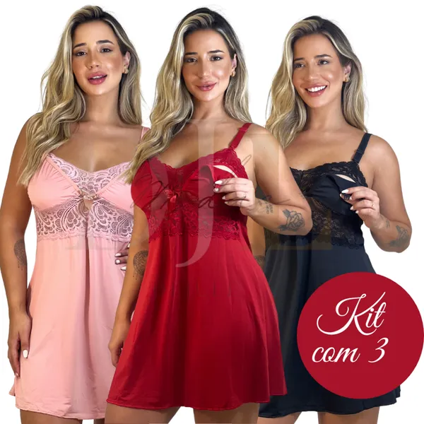 kit 3 Camisola Amamentação Abre Fácil Gestante Pós Parto Saída Maternidade Confortável