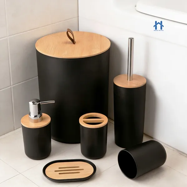 Kit Para Banheiro Com 6 Peças Lavabo Luxuoso Preto ou Branco Com Bambu  Moderno e  Muito Elegante