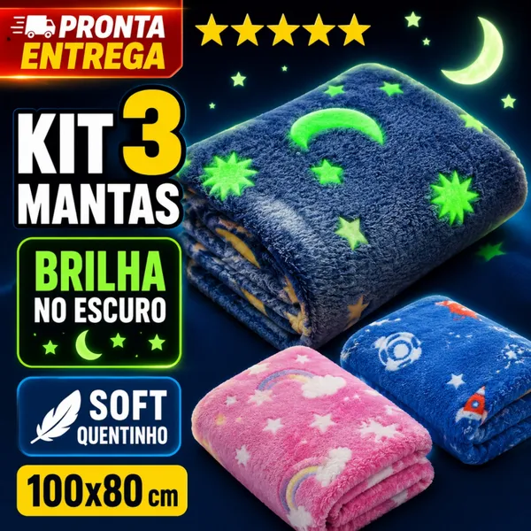 Kit 3 Unidades Manta Brilha No Escuro Para Bebê Infantil Inverno Estampada 100cm x 80cm