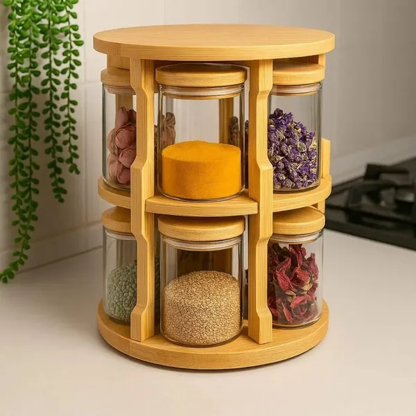 Porta Temperos Condimento Giratório 10 Potes Vidro Tampa Bambu Hermético 250ML Suporte Organizador