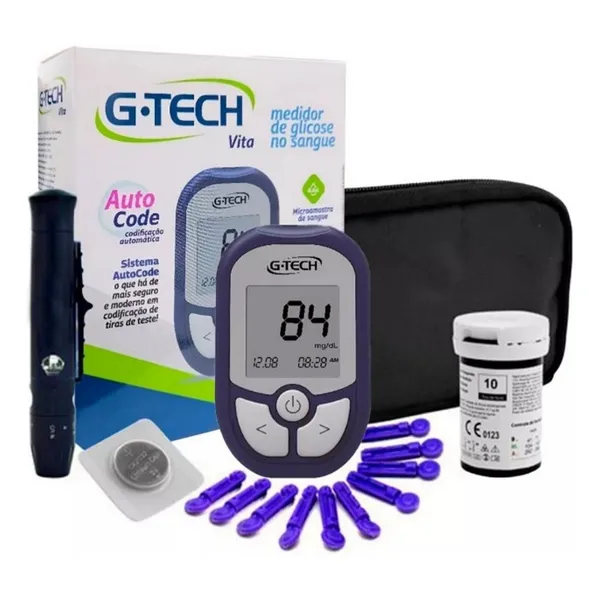 Medidor Glicose Diabetes G-Tech Vita / Ultra Kit Completo com Aparelho, Caneta, 10 Tiras e 10 Lancetas