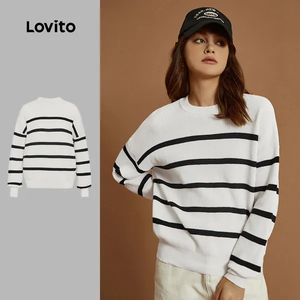 Lovito Suéter Casual Solto Listrado Macio De Alta Elasticidade Manga Comprida Para Mulheres L32ud004 (branco-sujo)