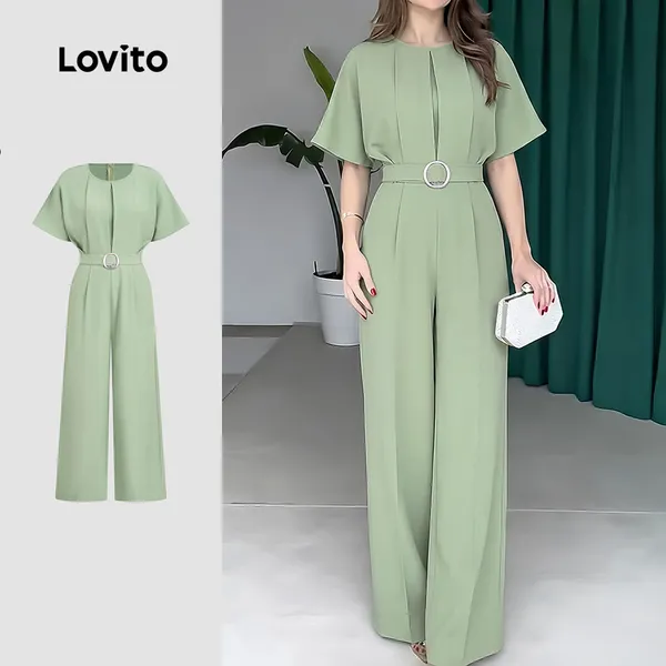 Lovito Macacão Elegante Plissado Verão Primavera Verde Macacão ​feminino LK6LD081