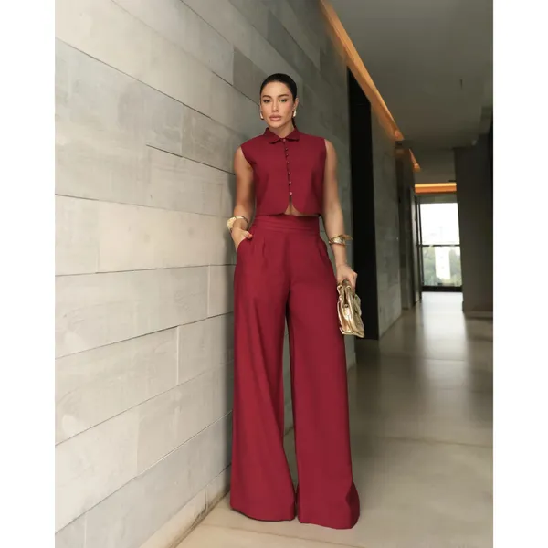 YAN FASHION Conjunto Alfaiataria Feminina Colete Sem Manga e Calça Pantalona Elegante