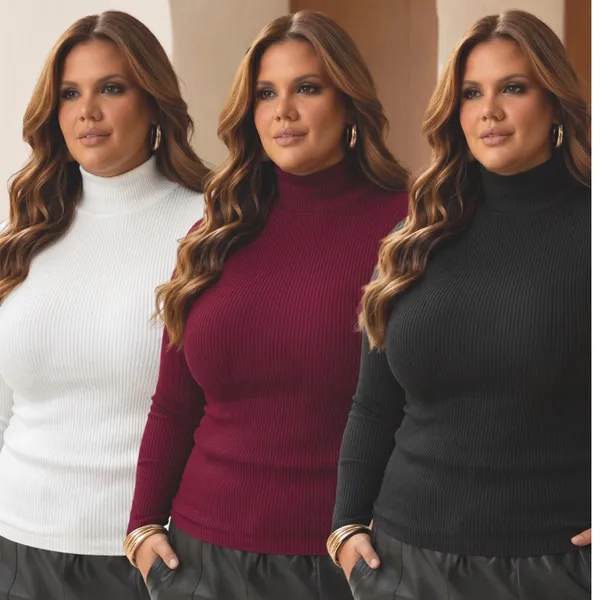 Blusa Cacharel Segunda Pele Plus Size Gola Alta Canelada