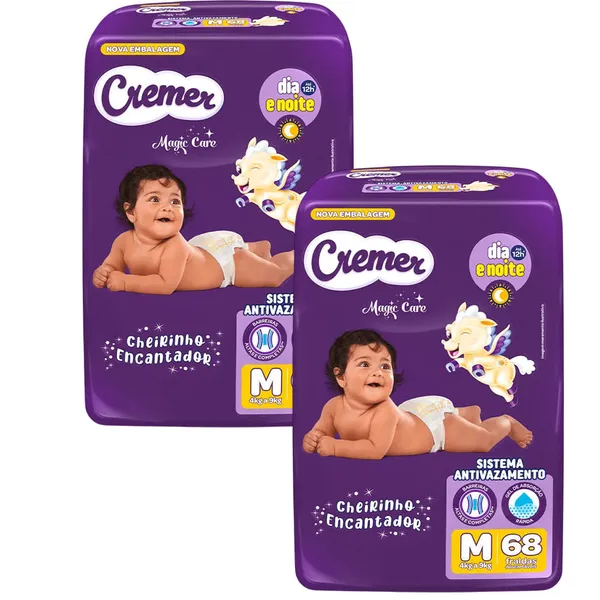 Kit 2 Fraldas Descartáveis Cremer Magic Care Hiper M 68 Tiras