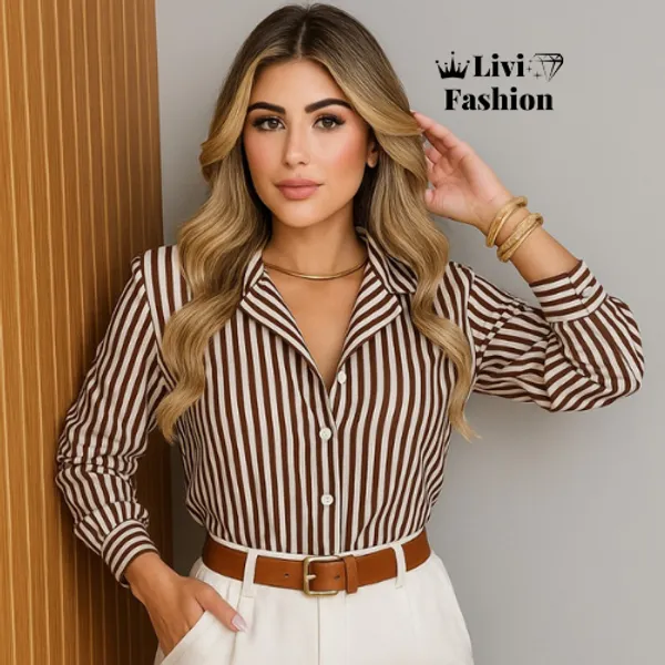 Camisa Listrada Feminina Elegante - Moda Casual em Crepe Premium