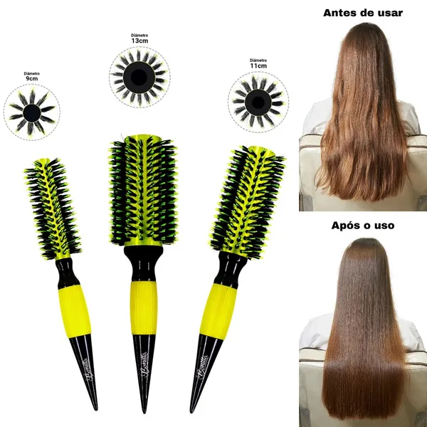 Kit 3 Peças Escovas Profissionais de Cabelo com Cerdas