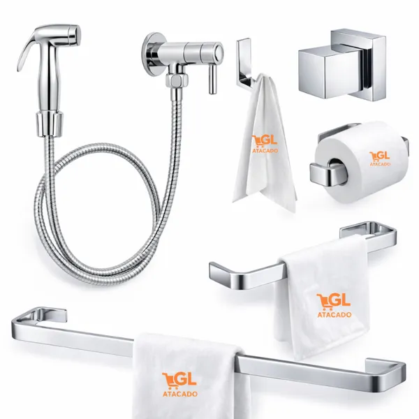 Kit Banheiro Completo Cromado Luxo 4 Peças + Ducha Higiênica Alta Pressão Chuveirinho + Acabamento De Registro Luxo