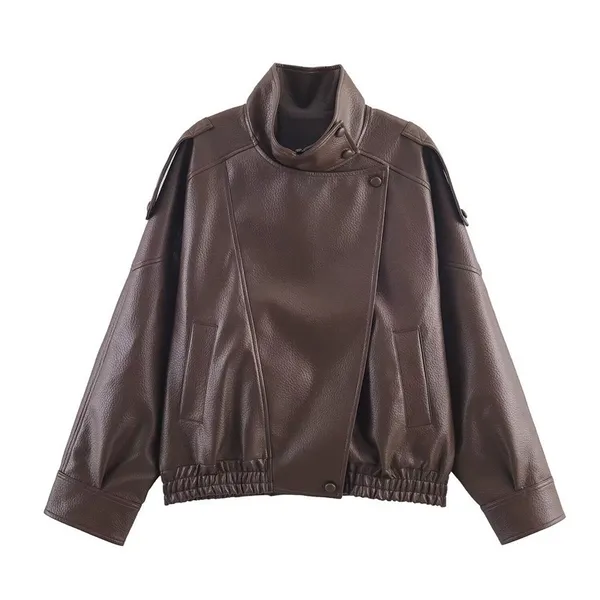 Jaqueta De Couro Estilo Motocicleta Vintage Feminina Gola Zíper Curta Solta Casaco De Motociclista