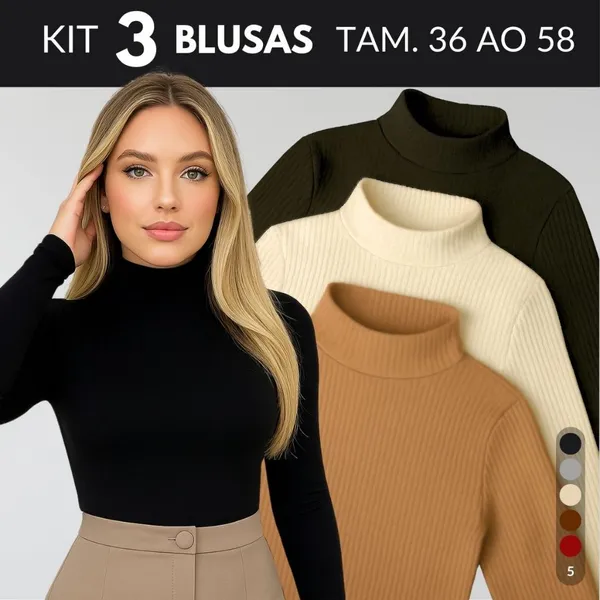 KIT 3 Blusa Térmica Feminina Blusa de Frio Gola Alta Cacharrel