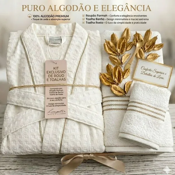 Kit Roupão + 2 Toalhas 100% Algodão (1 Banho + 1 Rosto + 1 Roupão) Unissex Toque Macio Envio Rápido
