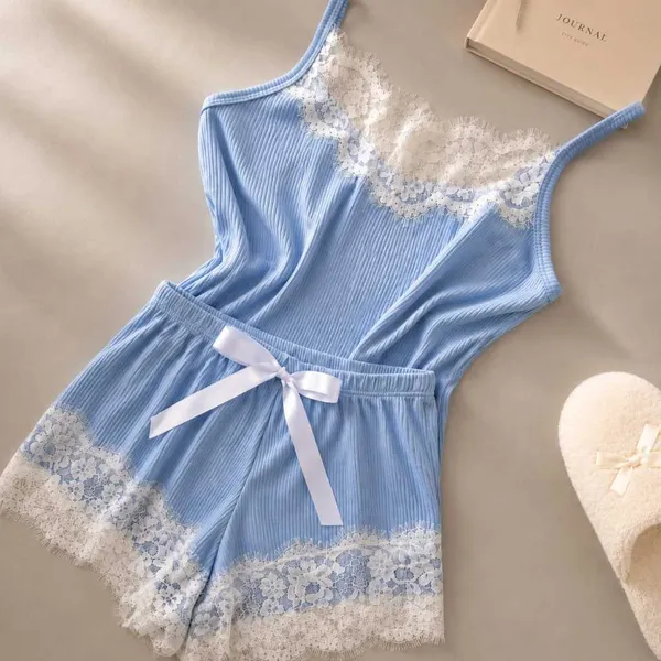 Pijama Baby Doll Canelado Com Renda Luxo Sensual Fresquinho Rendado Confortável