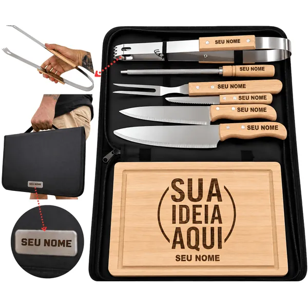 KIT CHURRASCO 9 PEÇAS PERSONALIZADO ESTOJO TÁBUA FACA GARFO NOME TIME LOGO