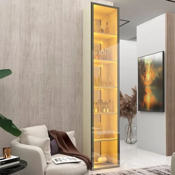 CRISTALEIRA 1 PORTA REFLECTA COM FITA LED E ESPELHO 100% MDF LUMINARE BEGE/OFF WHITE OFF WHITE