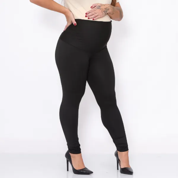 Calça Legging Gestante Preta Cós Alto Confortável Maternidade PP ao Plus Size