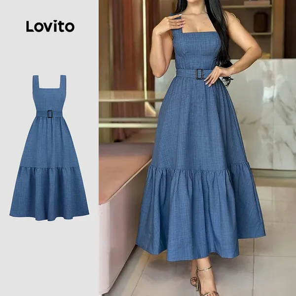 Lovito Elegante Vestido com Zíper e Cinto Barra com Babado Vestido Azul Primavera/verão para mulheres L34LD096