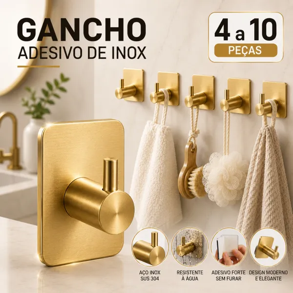 Kit 2 Gancho de parede Inox, Gancho Adesivo, cozinha, quarto, banheiro Alta Fixação, Suporte parede