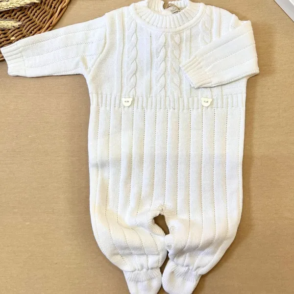 Macacão de Bebê Trançado RoupaTricot Ursinho Saída Maternidade Branco Recém Nascido Menina Menino