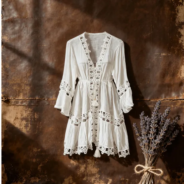 Camisa Boho Transparente Com Renda , Quimono Leve E Elegante . Perfeito Como Saída De Biquíni Para Praia Ou Piscina