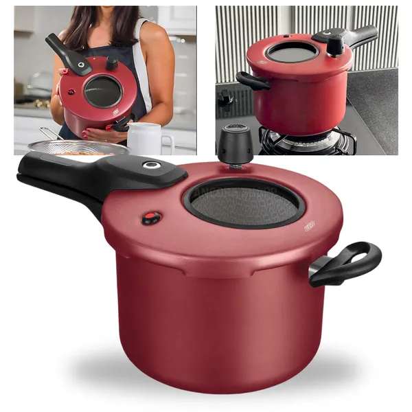 PANELA DE PRESSÃO 4,5L COM VISOR DE VIDRO ANTIADERENTE FECHAMENTO EXTERNO VERMELHO CEREJA MTA
