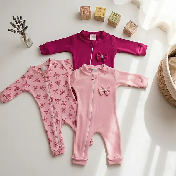 Combo 03 Peças Macacão Infantil Bebê Menina Rosa Pink e Estampado 100% Algodão Confortável Diário