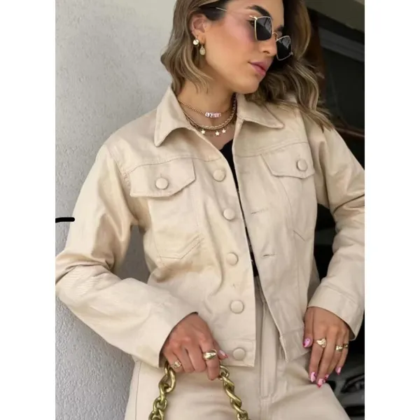 Jaqueta Sarja Jeans Básica Botões Encapado Moda Feminina Tendência Da Moda Novo
