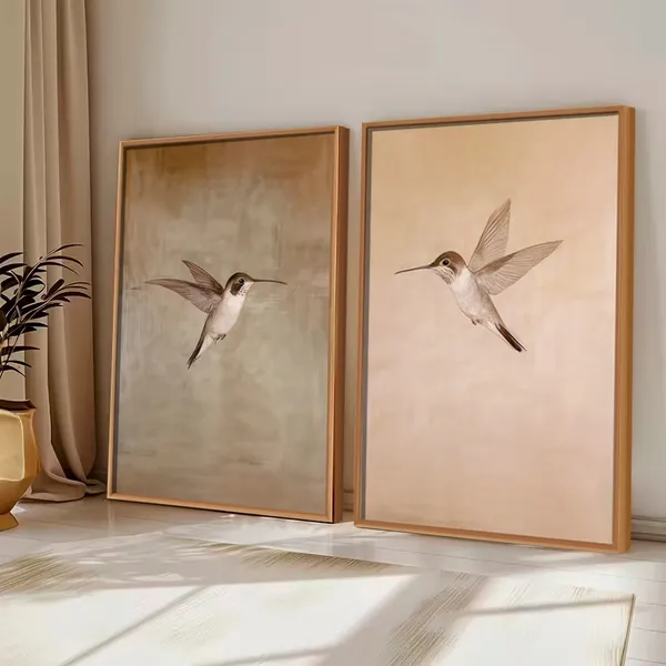 Kit2 QUADROS decorativo com MOLDURA CAIXA ALTA grande 41x61 cm Beija-Flor, Arte Minimalista Retrô para Decoração Rústica