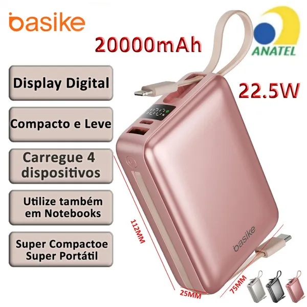 BASIKE 2026 Carregador Portátil 20000mAh - Carregamento Rápido 22.5W Power Bank Carregador Saída dupla