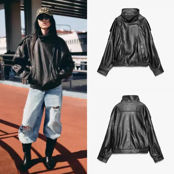 ZA Outono Novo Estilo Feminino em Couro Falso, Gola Alta e Manga Comprida