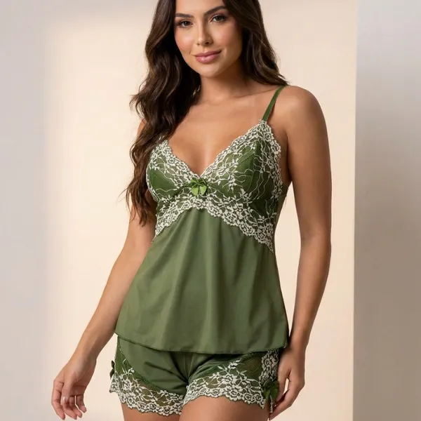 Baby Doll Feminino Renda Bicolor Verde Militar Renda Branca Conjunto Sexy Sensual Pijama Short Doll