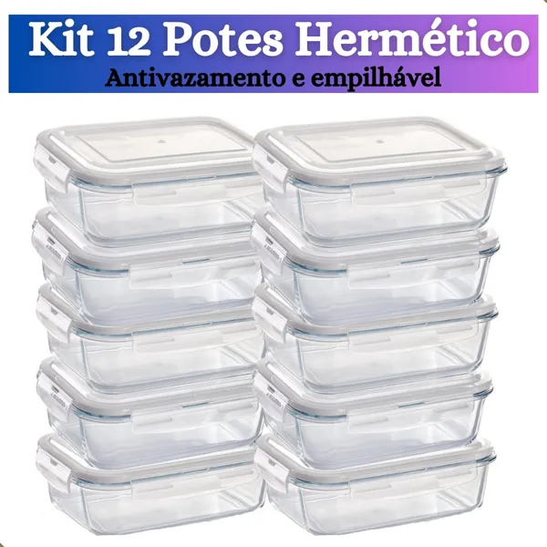 Kit de 3 até 12 Pote de Vidro hermético com tampa antivazamento 370 ml, 640, 1040 ml Marmita Papinha