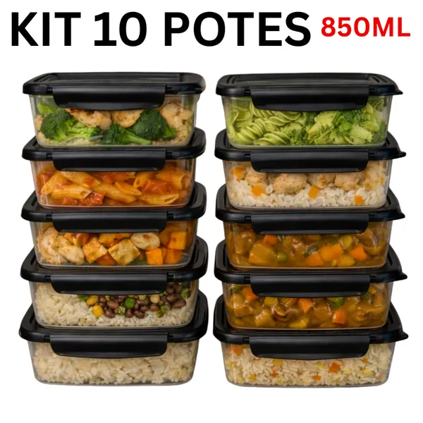 Kit 10 Marmita Conjunto Potes 850ml com Travas Laterais BPA FREE - Organizadores de Congelador