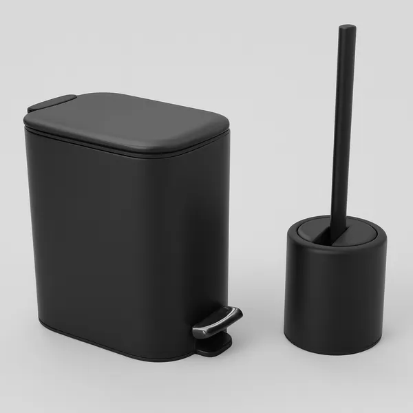 KIT LIXEIRA PRETA BANHEIRO ESCOVA SANITARIA INOX BLACK MODERNA LAVABO PREMIUM PEDAL