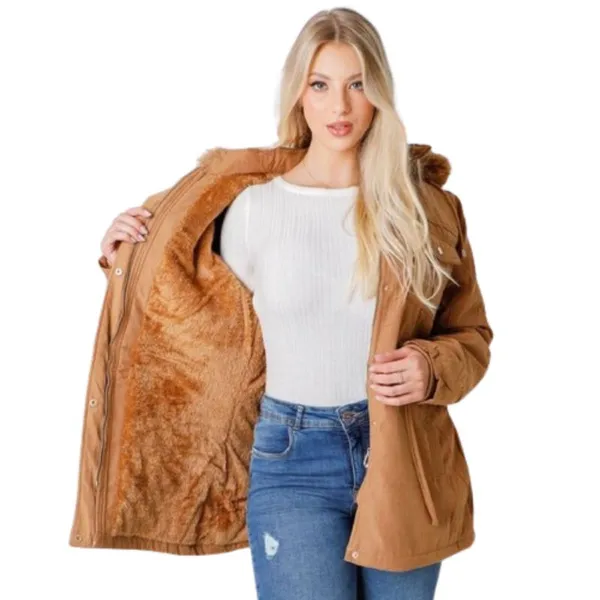 parka feminina de sarja toda forrada de pelo por dentro com capuz removível