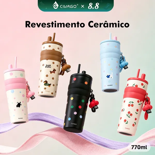 CIVAGO Fashion Garrafa Térmica Inox 770ml Revestimento Cerâmico com Canudo e Tampa Antivazamento Quente/Frio com Pingent