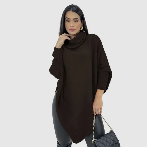 Blusa Tricot Feminina Poncho Bico Manga Longa Soltinho Inverno