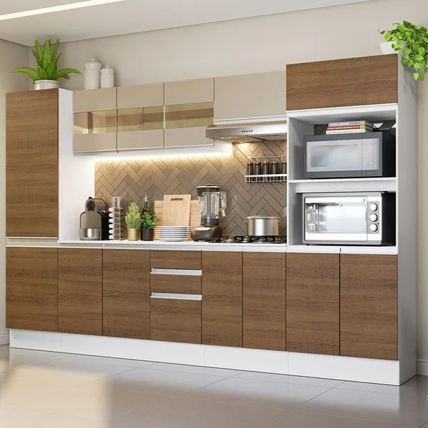 Armário de Cozinha Completa 100% MDF 300 cm com Balcão e Tampo Branco/Rustic Madesa Smart