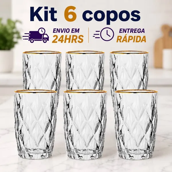 KIT 6 COPO DE VIDRO COM BORDA DOURADA 370ML DIAMOND JOGO COM 6