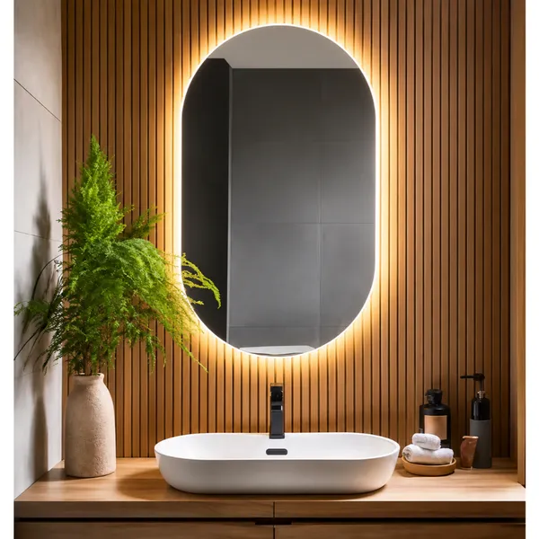 Espelho Oval com LED Luz Quente e Fria para Banheiro Lavabo Penteadeira Quarto Sala