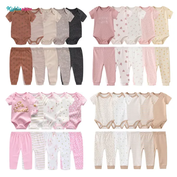 Kiddiezoom 10 Peças Conjunto De Roupas De Bebê Algodão Macio Menino Menina Bodysuits + Calças Roupa Infantil Presente